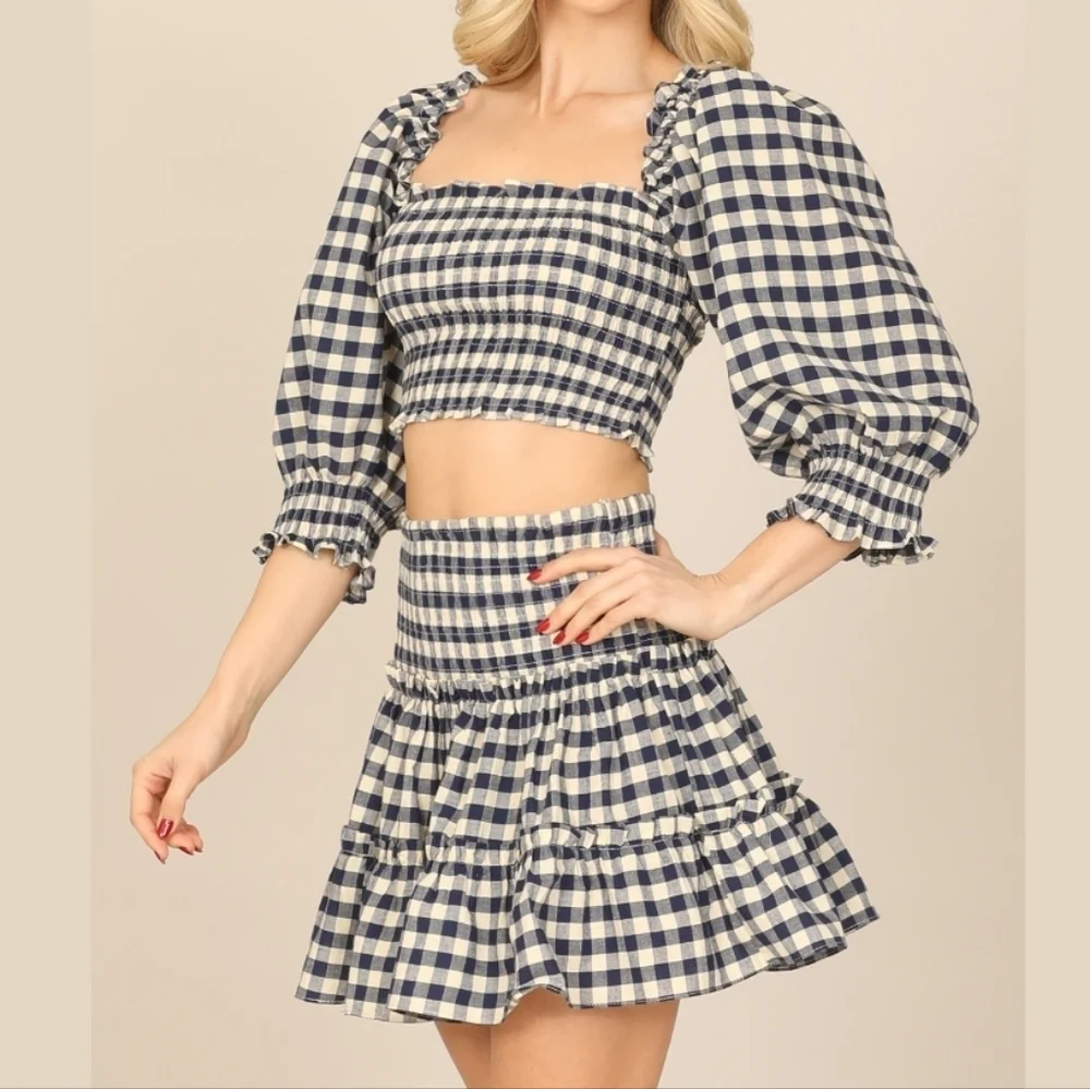 Olivaceous Navy Plaid Puff Sleeve Smocked Crop Top Ruffle Skirt Set - Picture 4 of 7